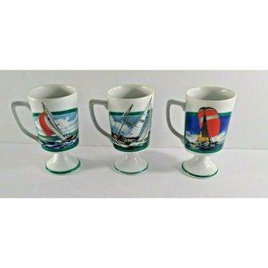 VTG Sailboat Mugs Footed Coffee Cups 5.5" Tall Nautical Coastal Ocean Set Of 3